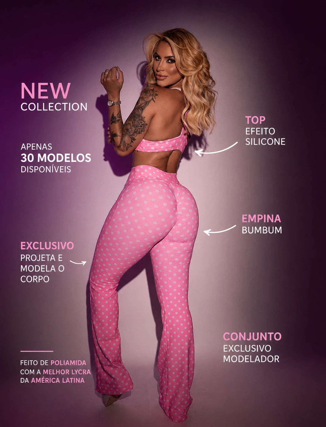 Conjunto Fitness Calça Flare Cintura Alta + Top Bojo Removível Rosa Poá