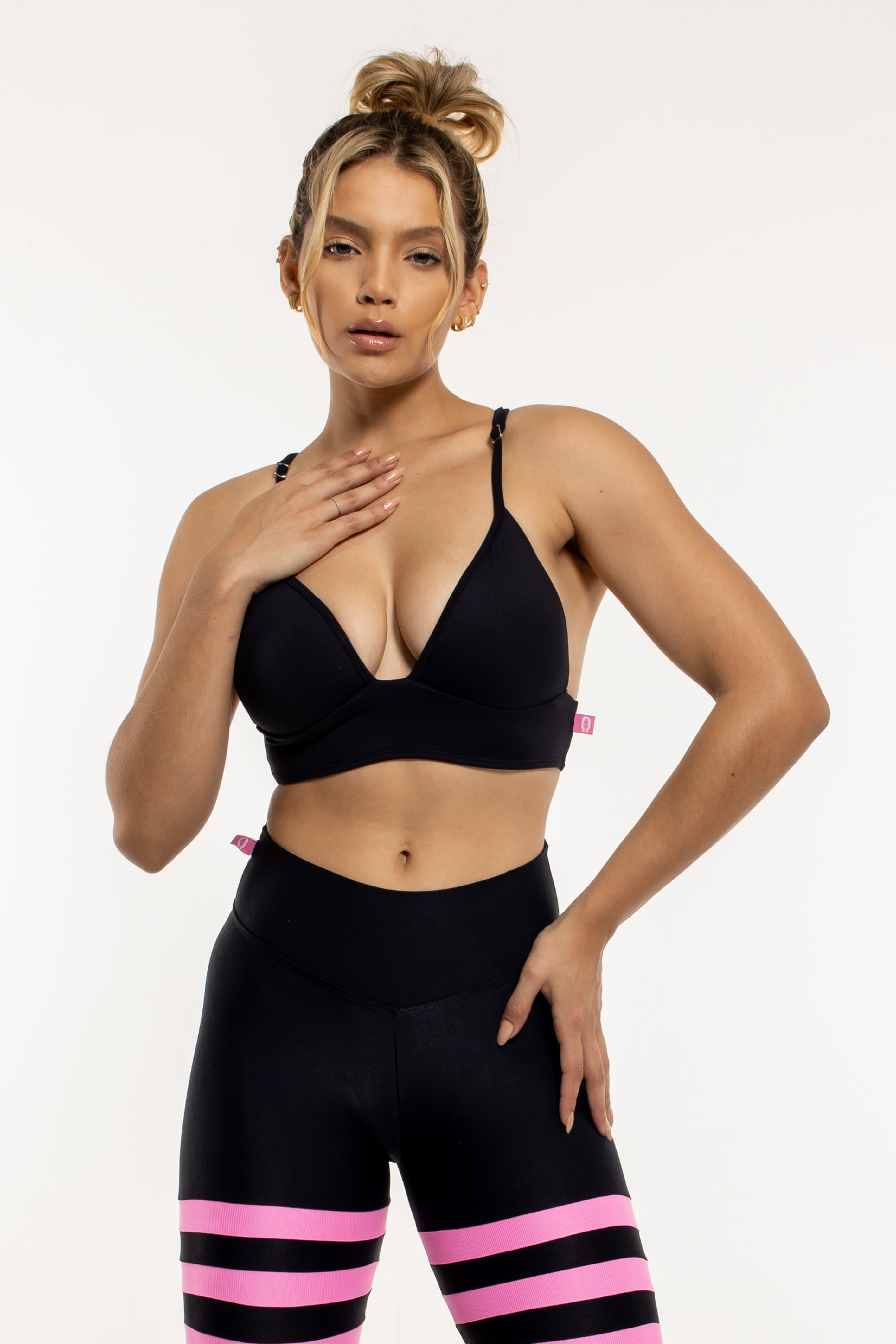 Conjunto Empina Bumbum & Top de Bojo Alça Cruzada Preto & Rosa She Squats - She Squats