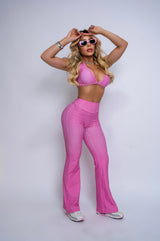 Conjunto Fitness Poá Rosa Calca Flare Cintura Alta + Top Bojo Removível - She Squats