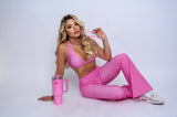 Conjunto Fitness Poá Rosa Calca Flare Cintura Alta + Top Bojo Removível - She Squats