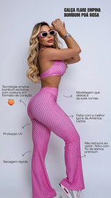 Conjunto Fitness Poá Rosa Calca Flare Cintura Alta + Top Bojo Removível - She Squats