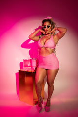 Conjunto Fitness Rosa Poá Short Saia Tubinho + Top com Bojo Removível - She Squats